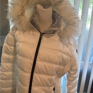 Nautica Women's White Puffer Jacket with Faux Fur Hood